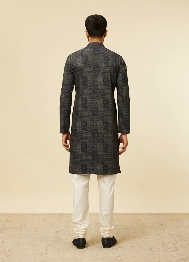 Manyavar Men Dark Grey Aztec Printed Kurta