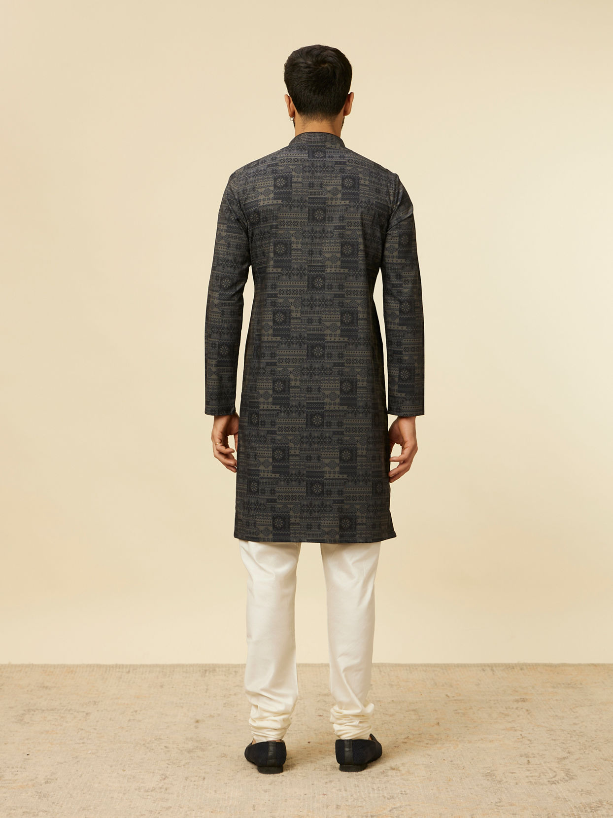 Manyavar Men Dark Grey Aztec Printed Kurta