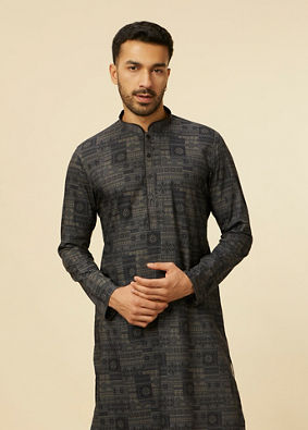 alt message - Manyavar Men Dark Grey Aztec Printed Kurta image number 0