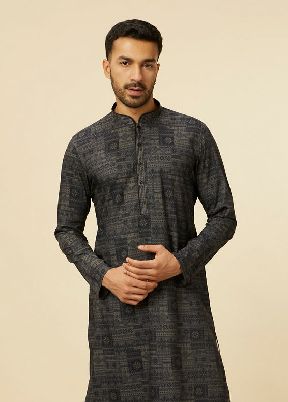 Manyavar Men Dark Grey Aztec Printed Kurta