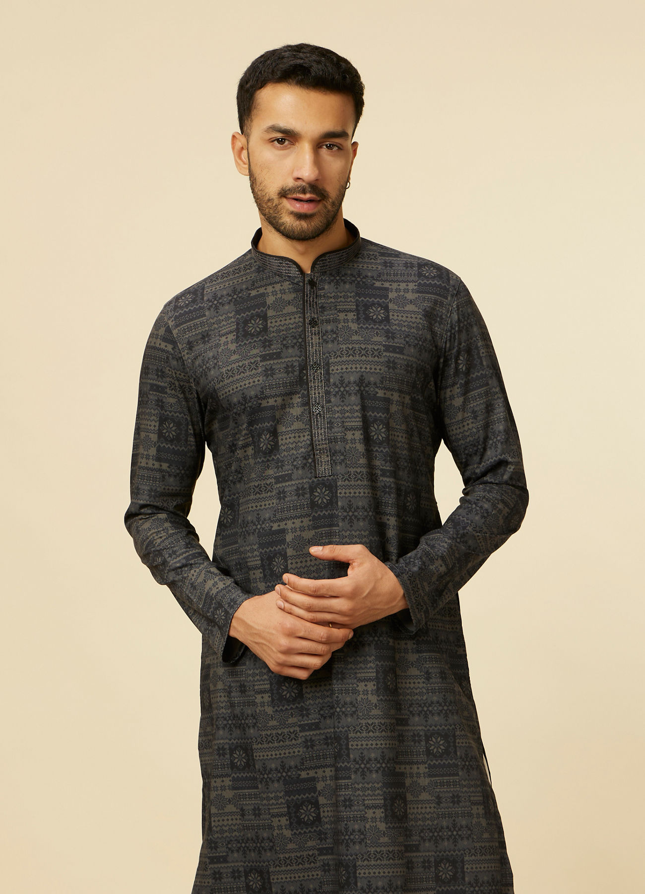 Manyavar Men Dark Grey Aztec Printed Kurta