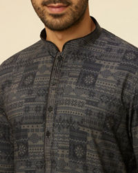 Manyavar Men Dark Grey Aztec Printed Kurta