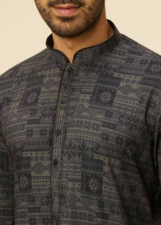 Manyavar Men Dark Grey Aztec Printed Kurta