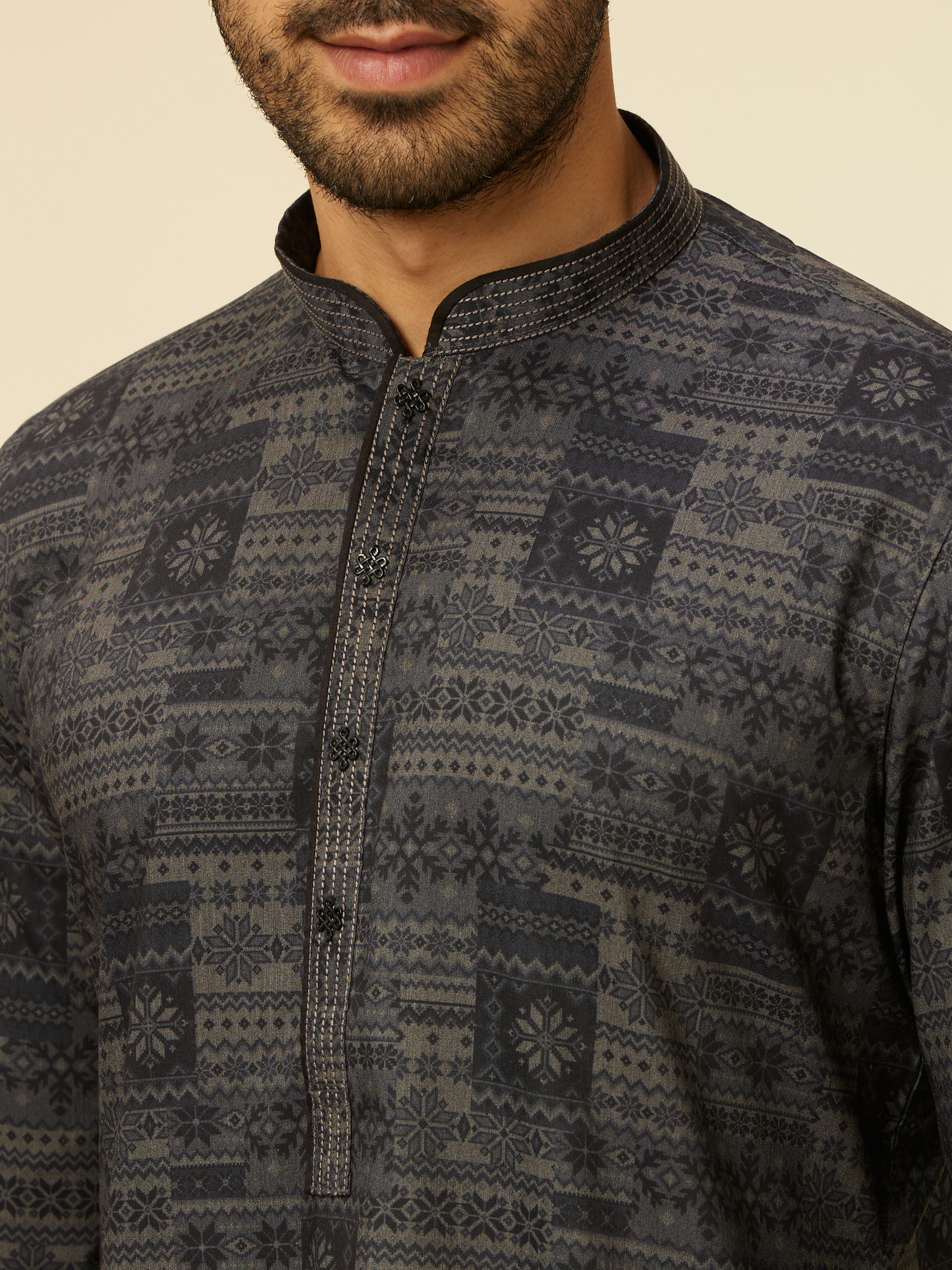 Manyavar Men Dark Grey Aztec Printed Kurta