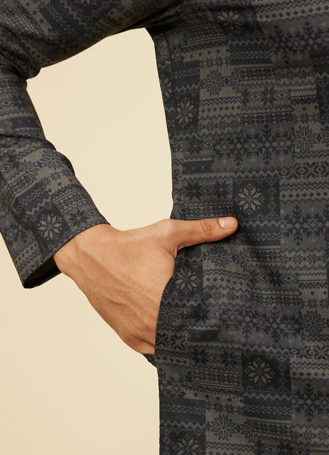 Manyavar Men Dark Grey Aztec Printed Kurta