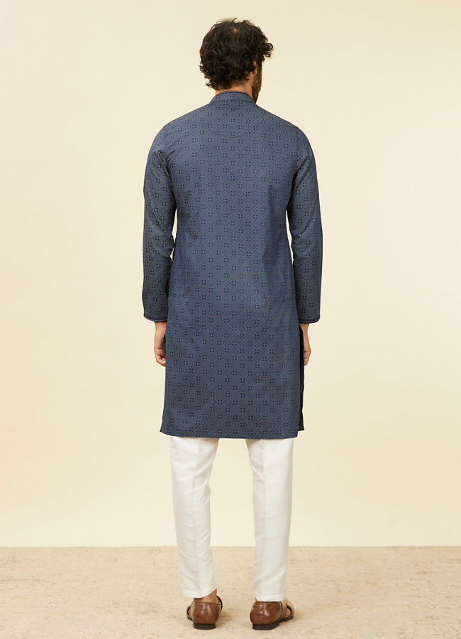 Manyavar Men Dark Blue Harlequin Patterned Kurta