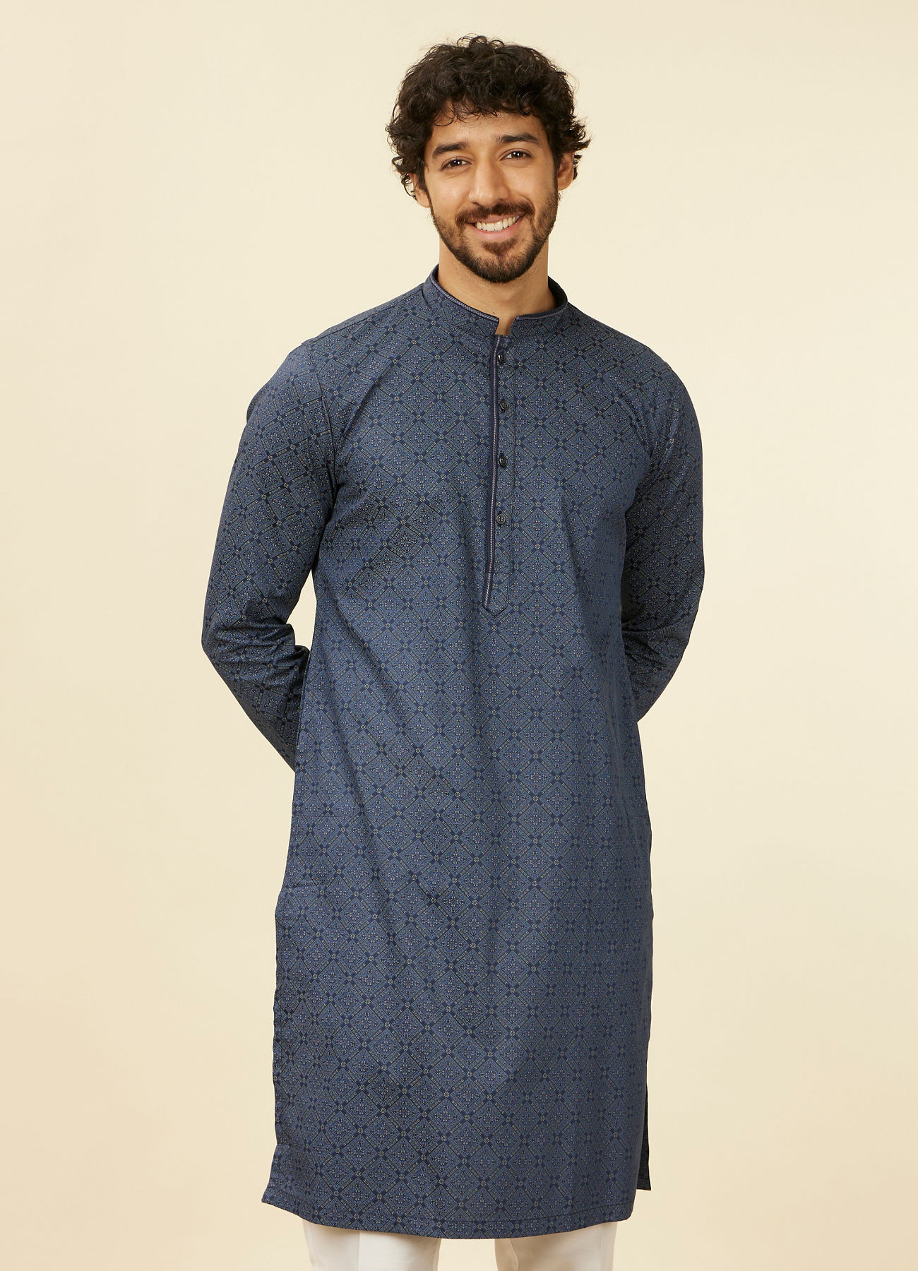 Manyavar Men Dark Blue Harlequin Patterned Kurta