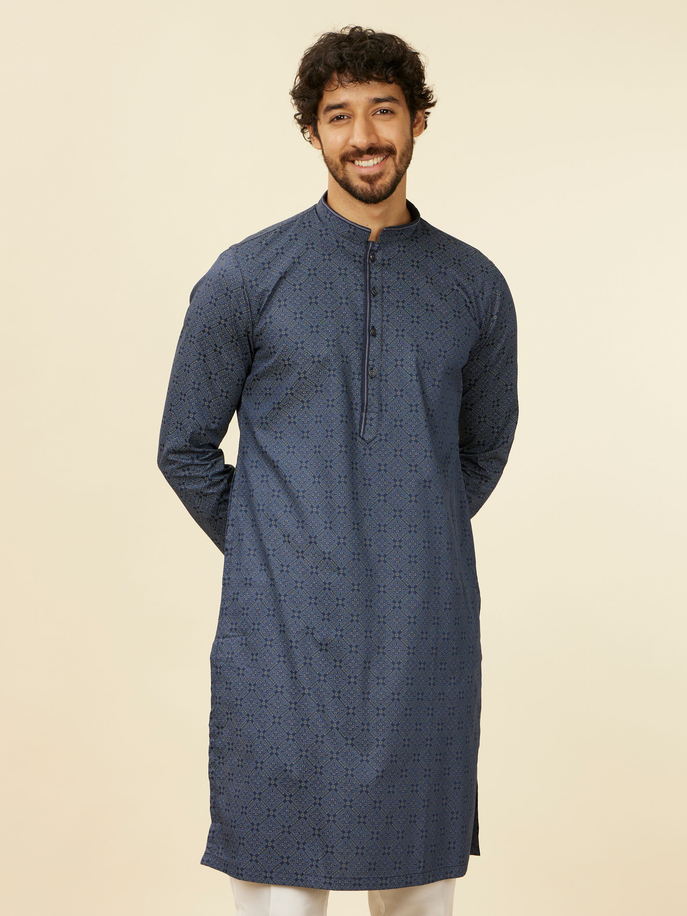 Manyavar Men Dark Blue Harlequin Patterned Kurta