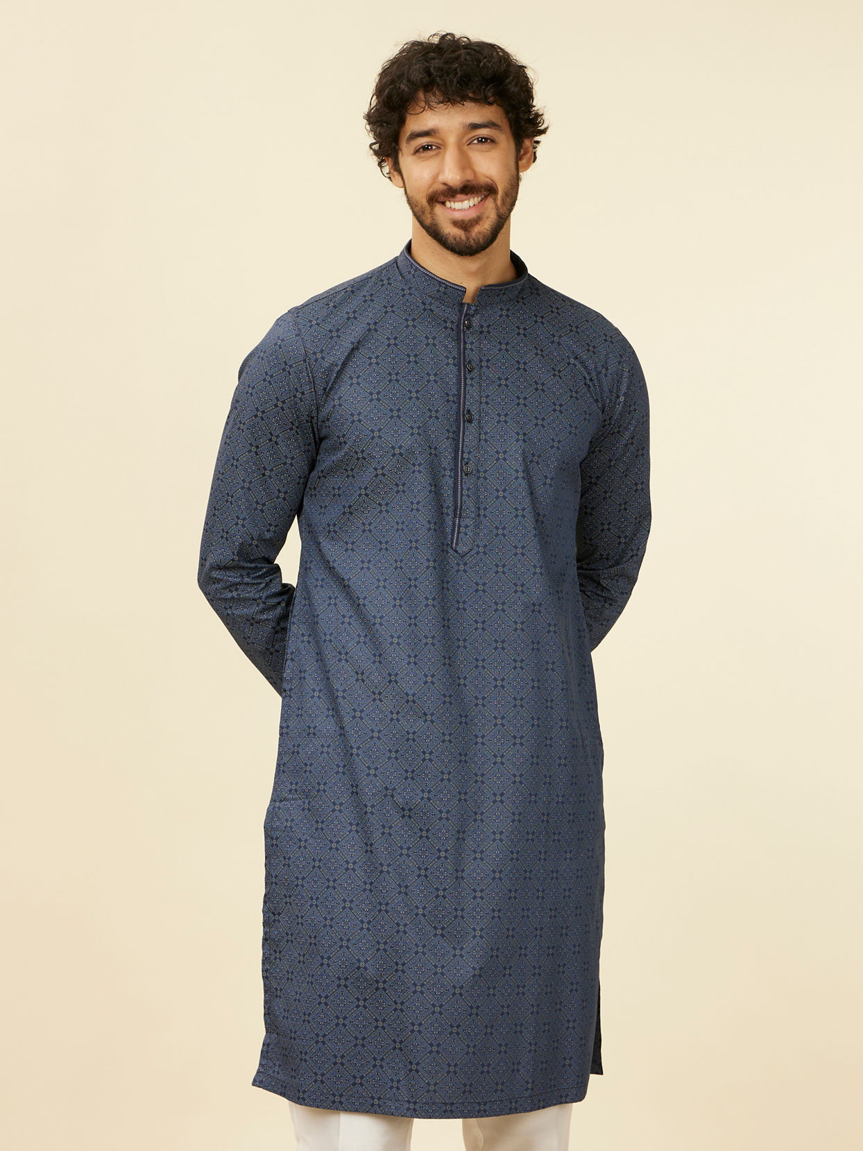 alt message - Manyavar Men Dark Blue Harlequin Patterned Kurta image number 0