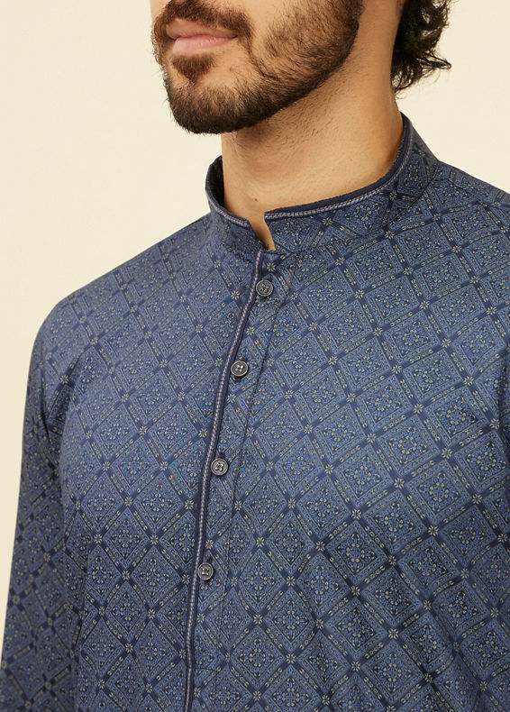 Manyavar Men Dark Blue Harlequin Patterned Kurta
