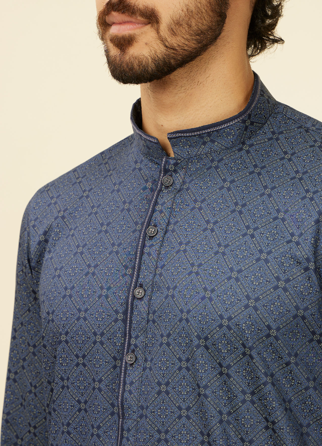 Manyavar Men Dark Blue Harlequin Patterned Kurta