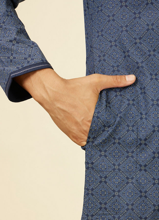 Manyavar Men Dark Blue Harlequin Patterned Kurta