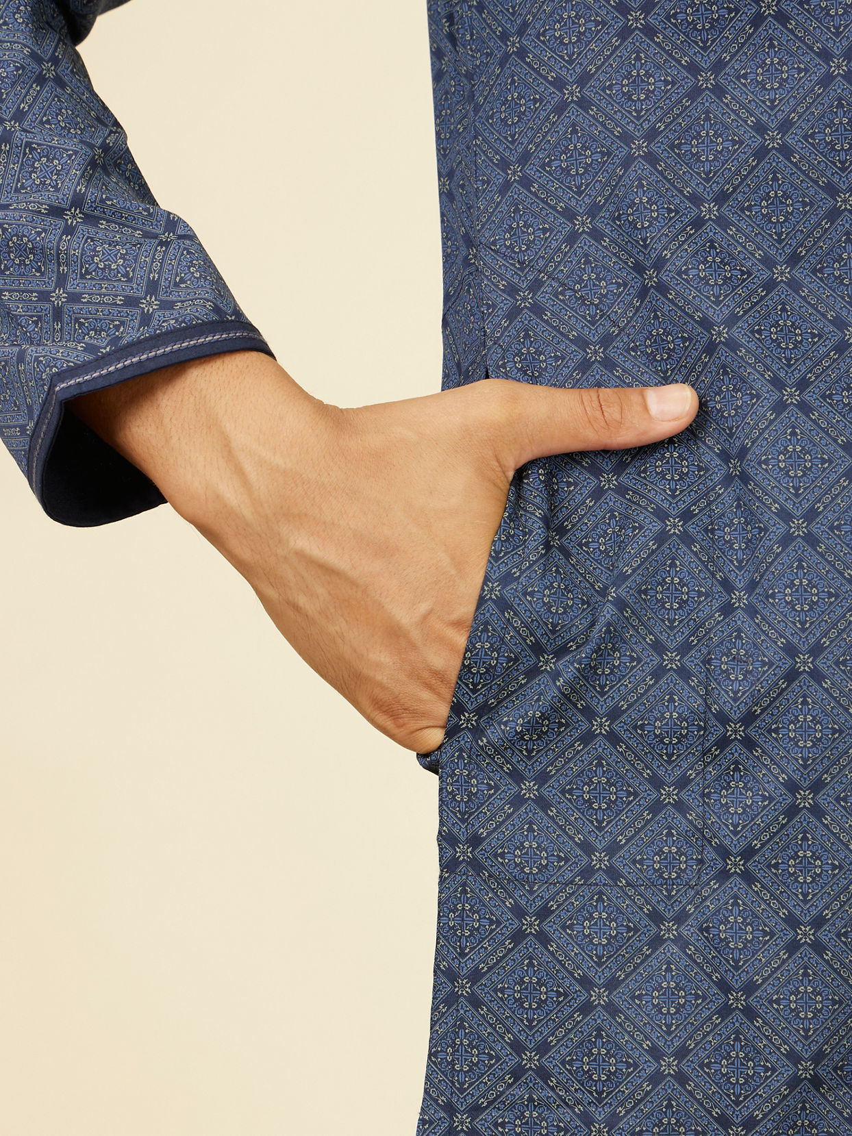 Manyavar Men Dark Blue Harlequin Patterned Kurta