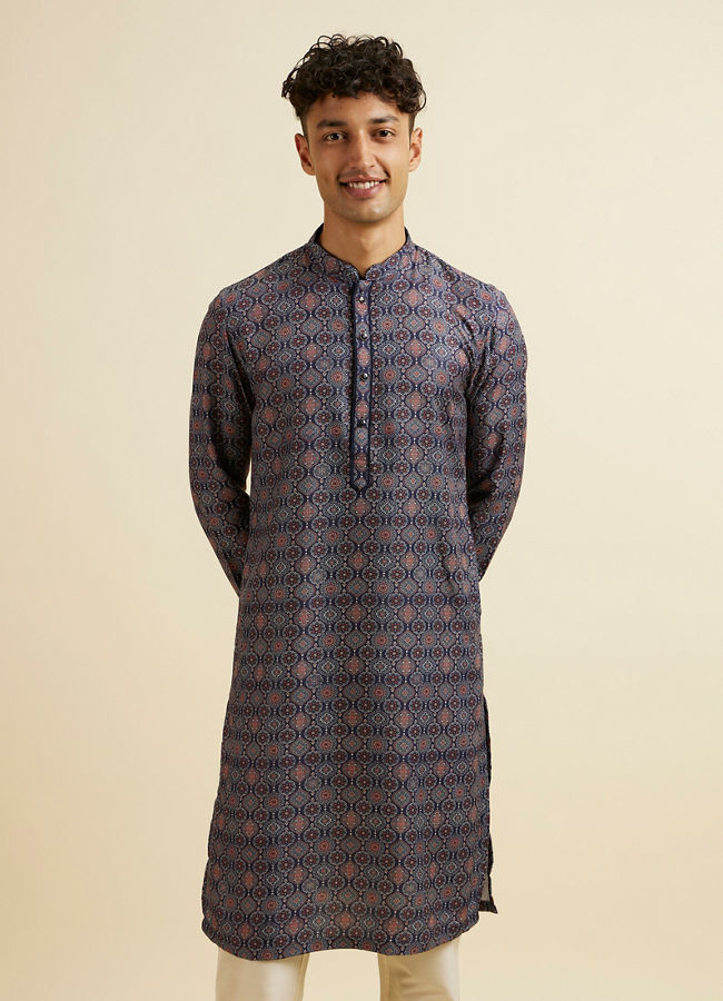 Manyavar Men Dark Blue Jaal and Medallion Patterned Kurta