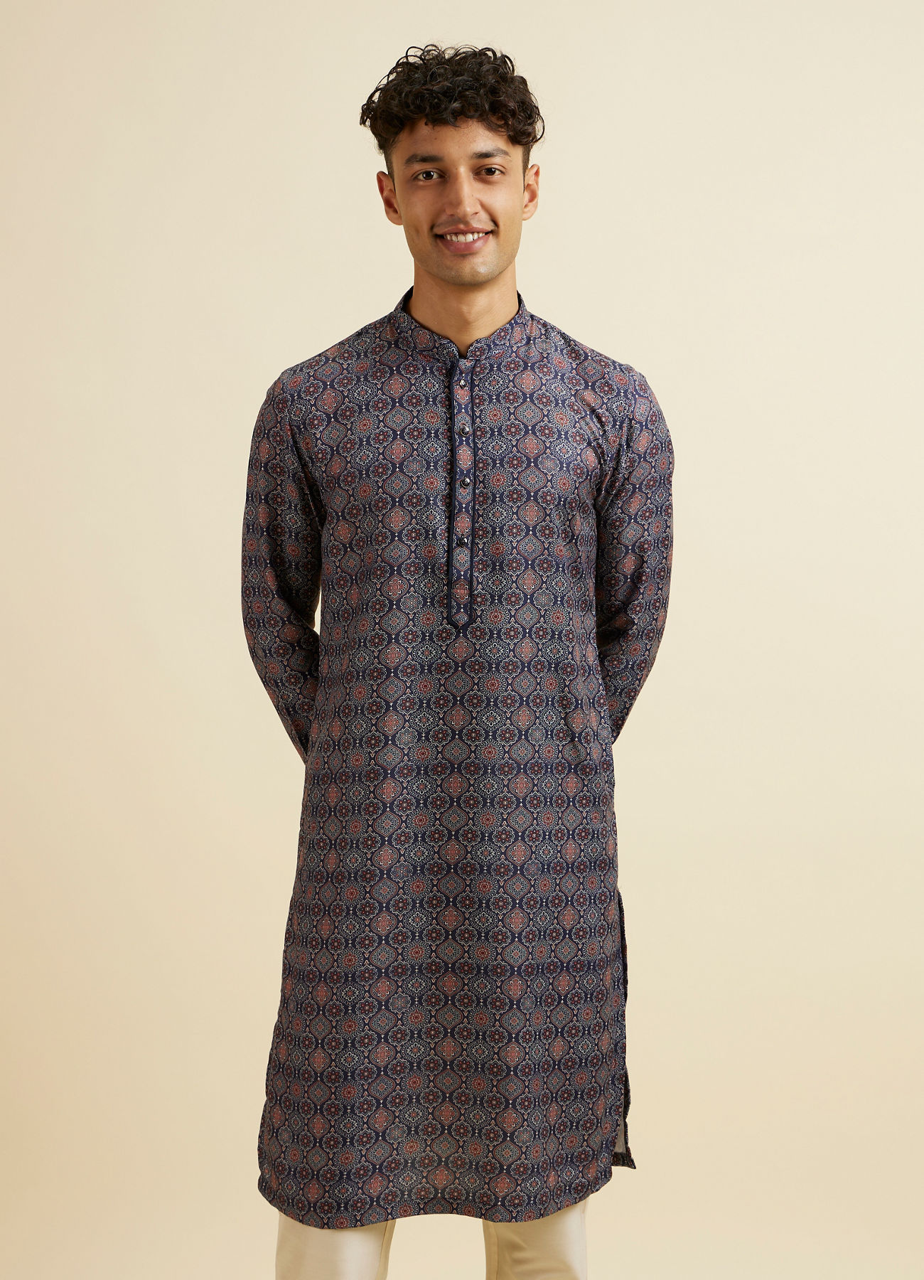 Manyavar Men Dark Blue Jaal and Medallion Patterned Kurta