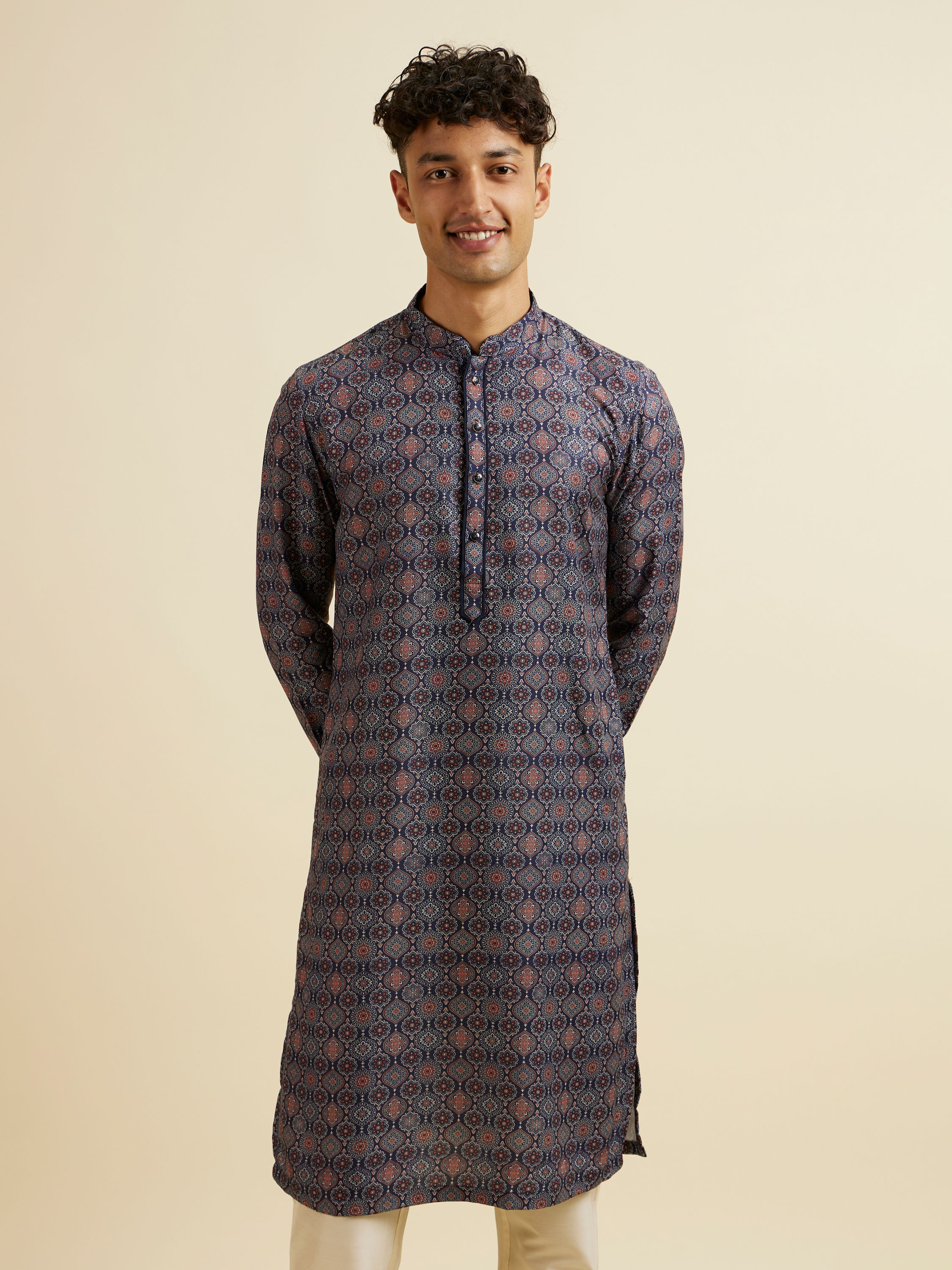Manyavar Men Dark Blue Jaal and Medallion Patterned Kurta