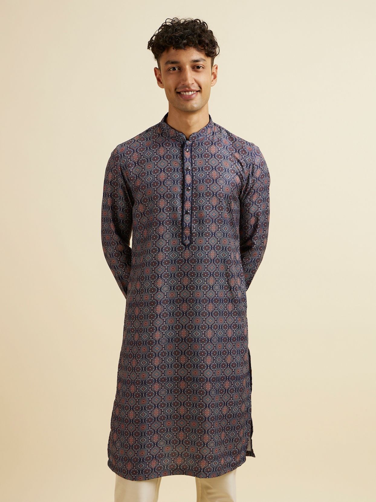 Manyavar Men Dark Blue Jaal and Medallion Patterned Kurta