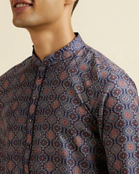 Manyavar Men Dark Blue Jaal and Medallion Patterned Kurta