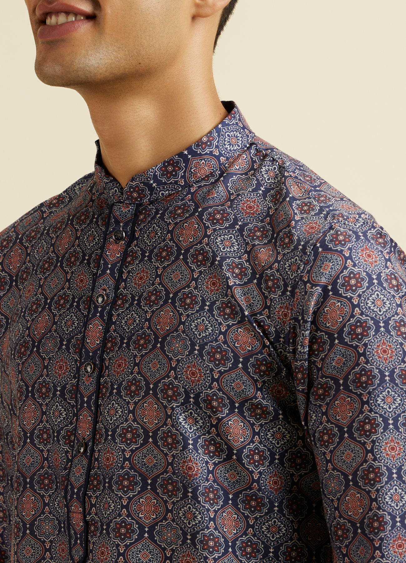 Manyavar Men Dark Blue Jaal and Medallion Patterned Kurta
