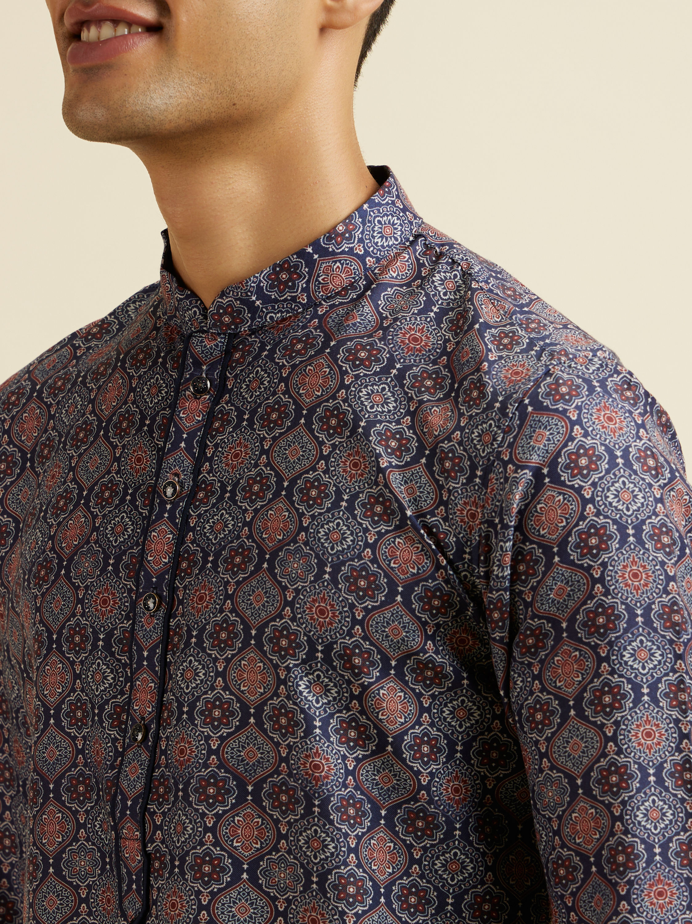 Manyavar Men Dark Blue Jaal and Medallion Patterned Kurta