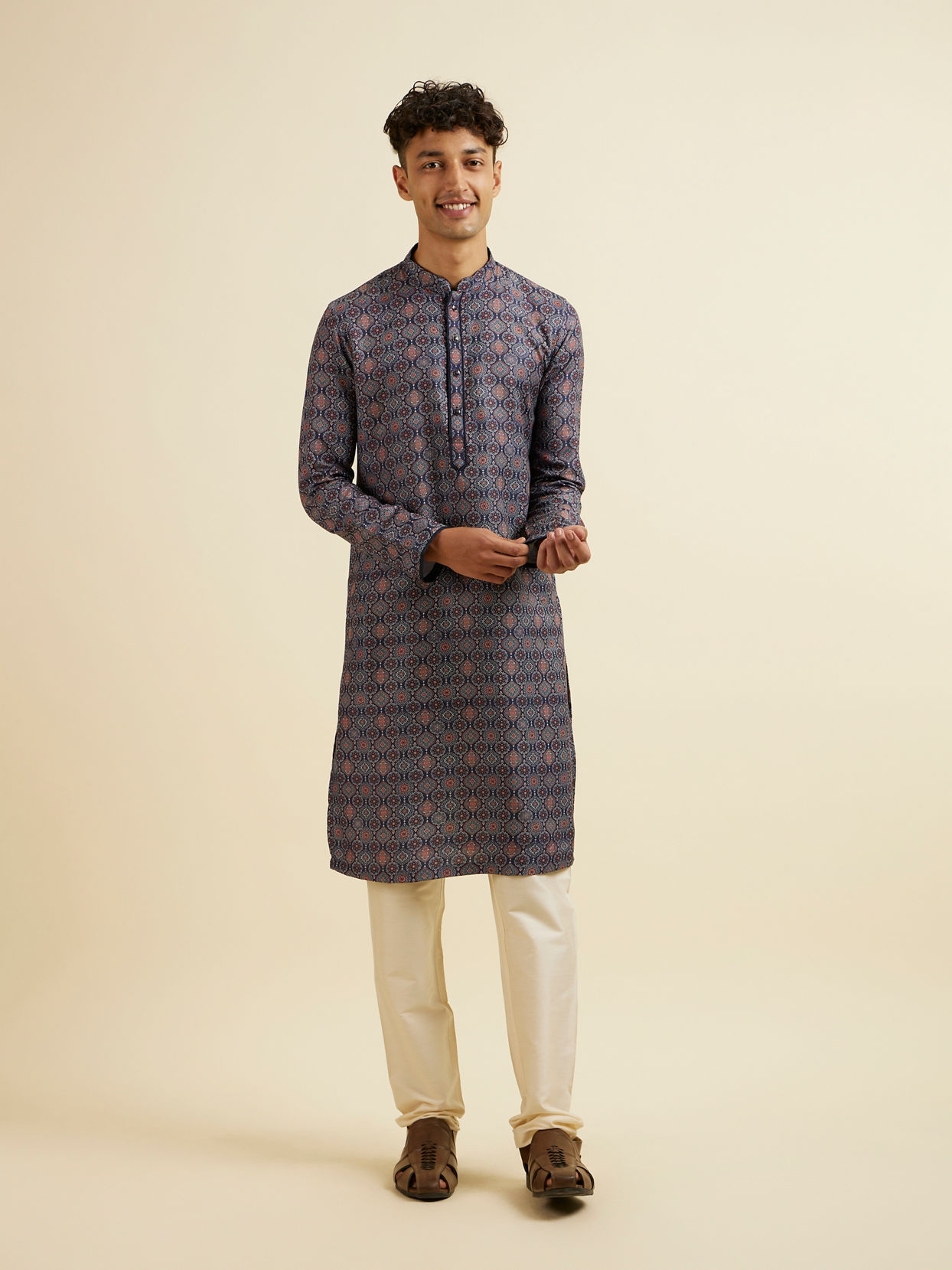 Manyavar Men Dark Blue Jaal and Medallion Patterned Kurta