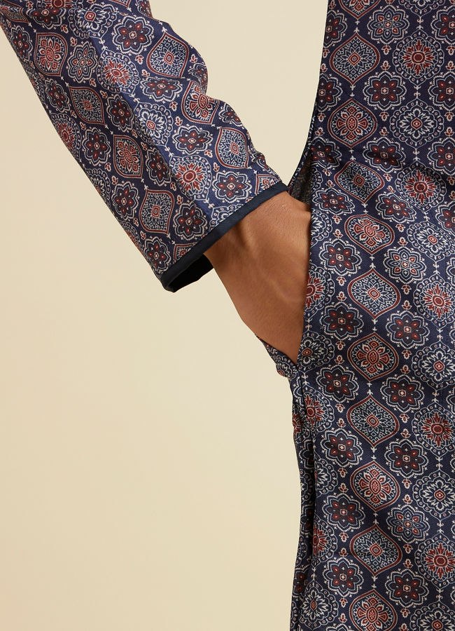 Manyavar Men Dark Blue Jaal and Medallion Patterned Kurta
