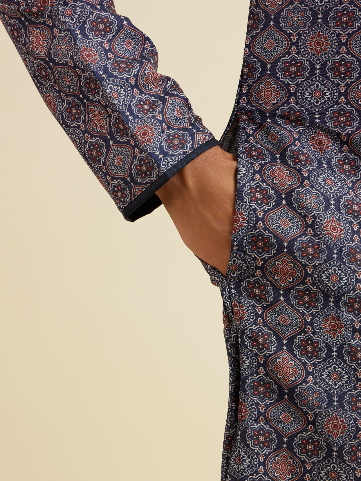 Manyavar Men Dark Blue Jaal and Medallion Patterned Kurta