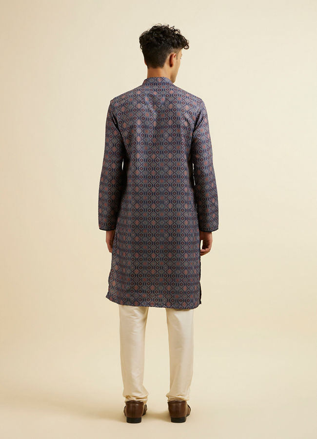 Manyavar Men Dark Blue Jaal and Medallion Patterned Kurta