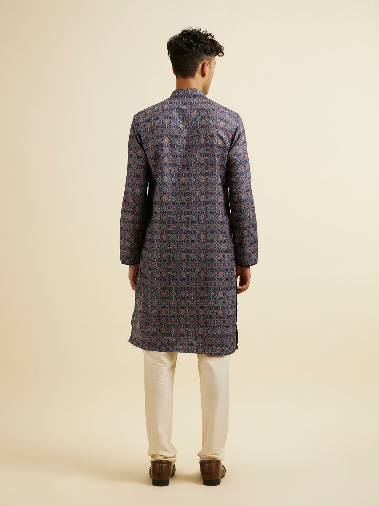 Manyavar Men Dark Blue Jaal and Medallion Patterned Kurta