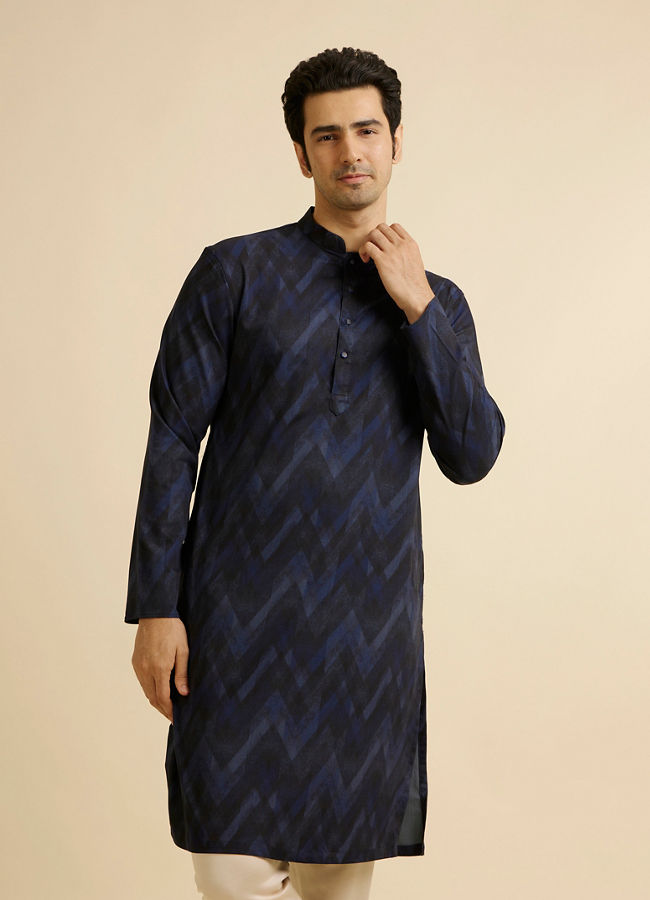 alt message - Manyavar Men Dark Blue Chevron Printed Kurta image number 0