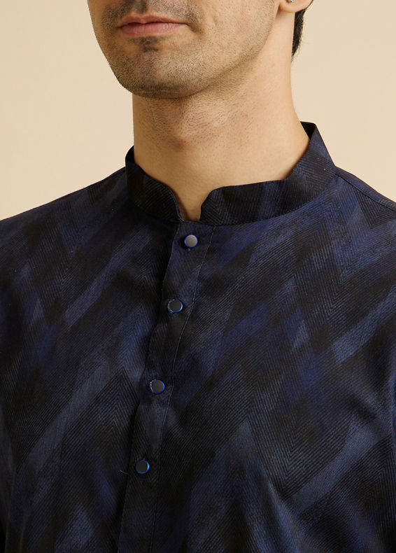 Manyavar Men Dark Blue Chevron Printed Kurta