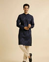 alt message - Manyavar Men Dark Blue Chevron Printed Kurta image number 2