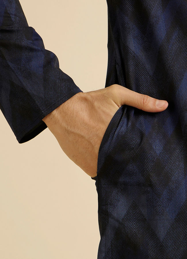 Manyavar Men Dark Blue Chevron Printed Kurta