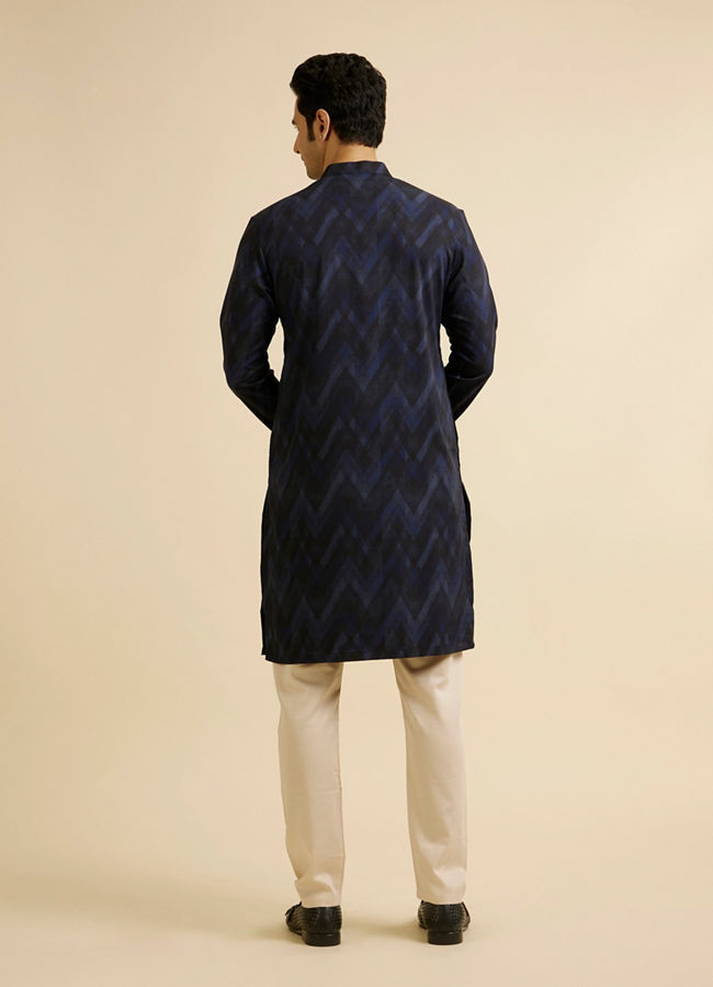 Manyavar Men Dark Blue Chevron Printed Kurta