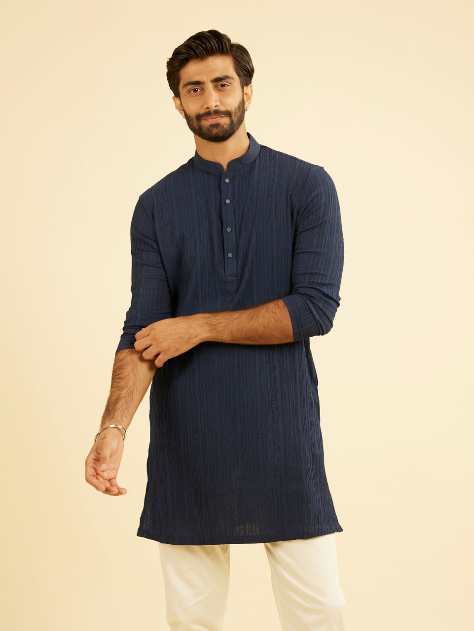 Manyavar Men Dazzling Dark-Blue Spandex Mid-Length Kurta