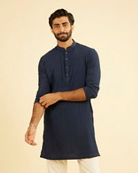 Manyavar Men Dazzling Dark-Blue Spandex Mid-Length Kurta