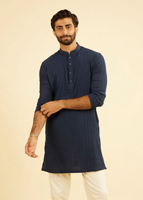 Manyavar Men Dazzling Dark-Blue Spandex Mid-Length Kurta