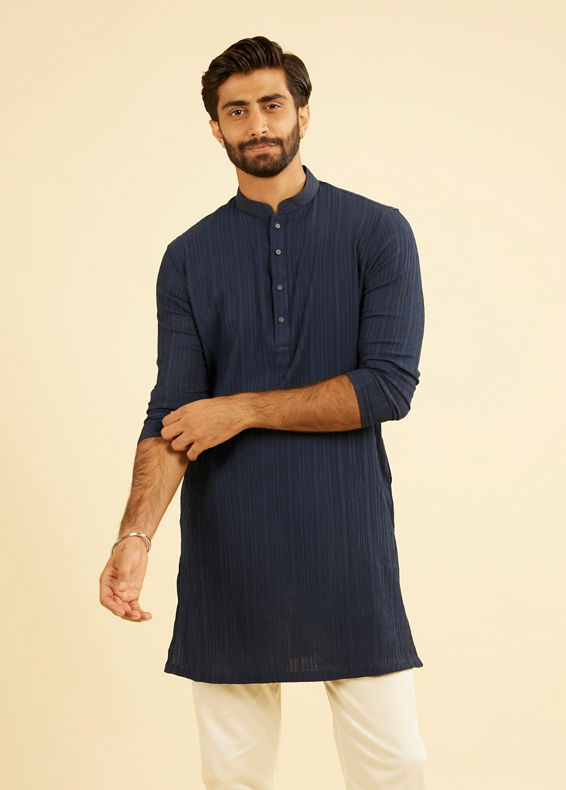 Manyavar Men Dazzling Dark-Blue Spandex Mid-Length Kurta