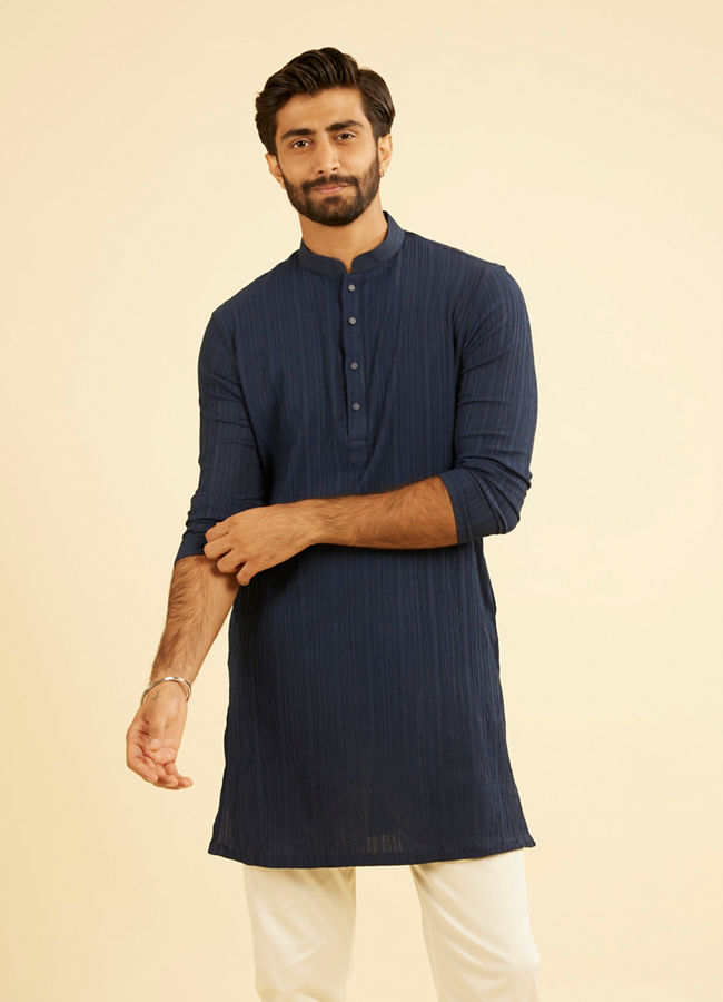 Manyavar Men Dazzling Dark-Blue Spandex Mid-Length Kurta