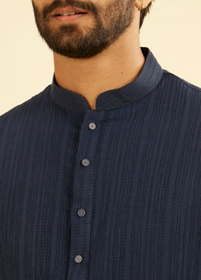 Manyavar Men Dazzling Dark-Blue Spandex Mid-Length Kurta
