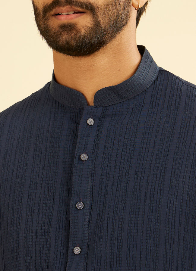 Manyavar Men Dazzling Dark-Blue Spandex Mid-Length Kurta