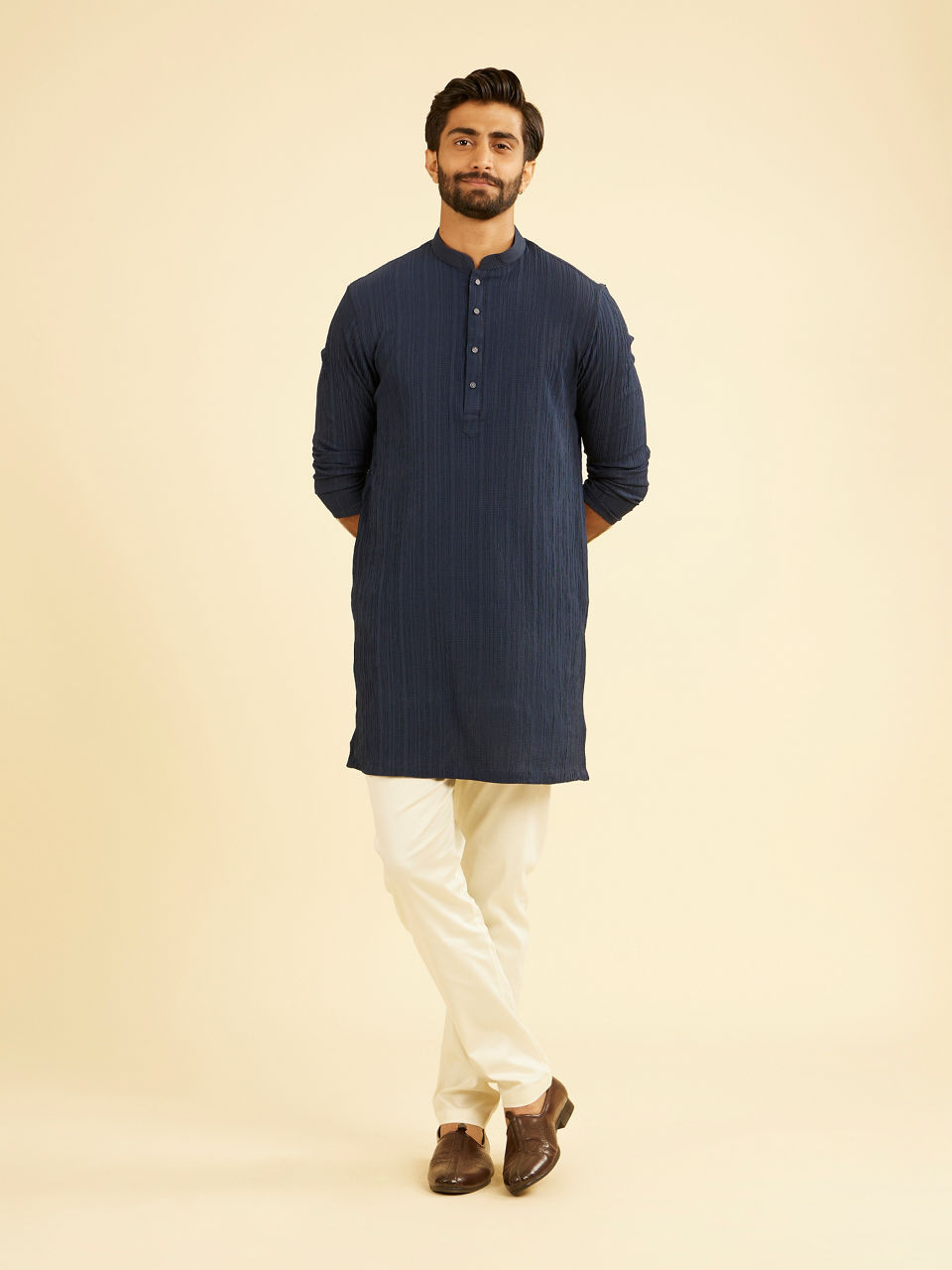 Manyavar Men Dazzling Dark-Blue Spandex Mid-Length Kurta