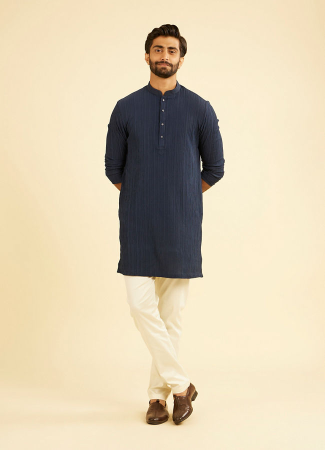 Manyavar Men Dazzling Dark-Blue Spandex Mid-Length Kurta