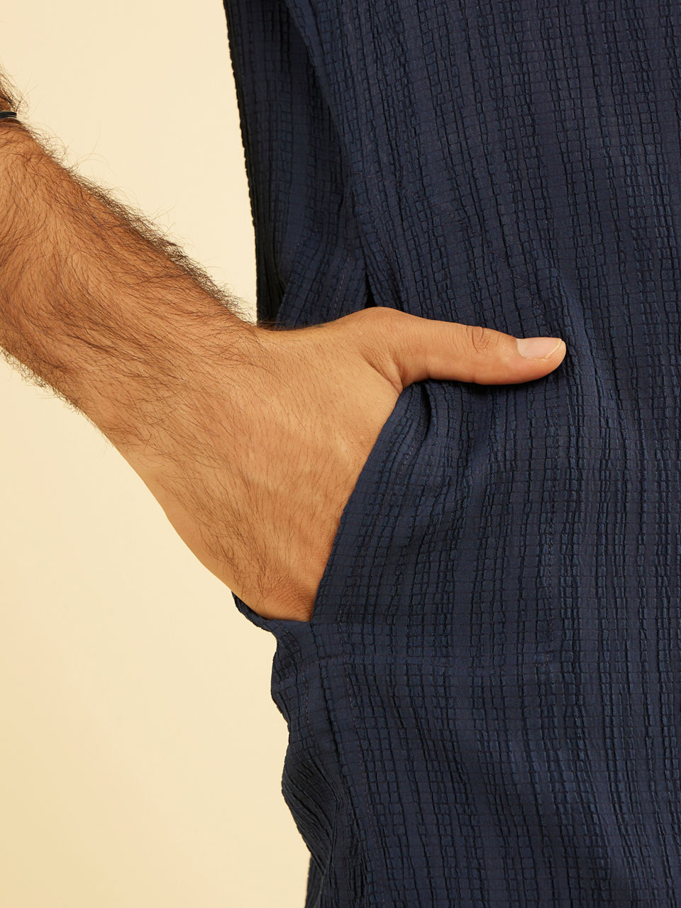 Manyavar Men Dazzling Dark-Blue Spandex Mid-Length Kurta