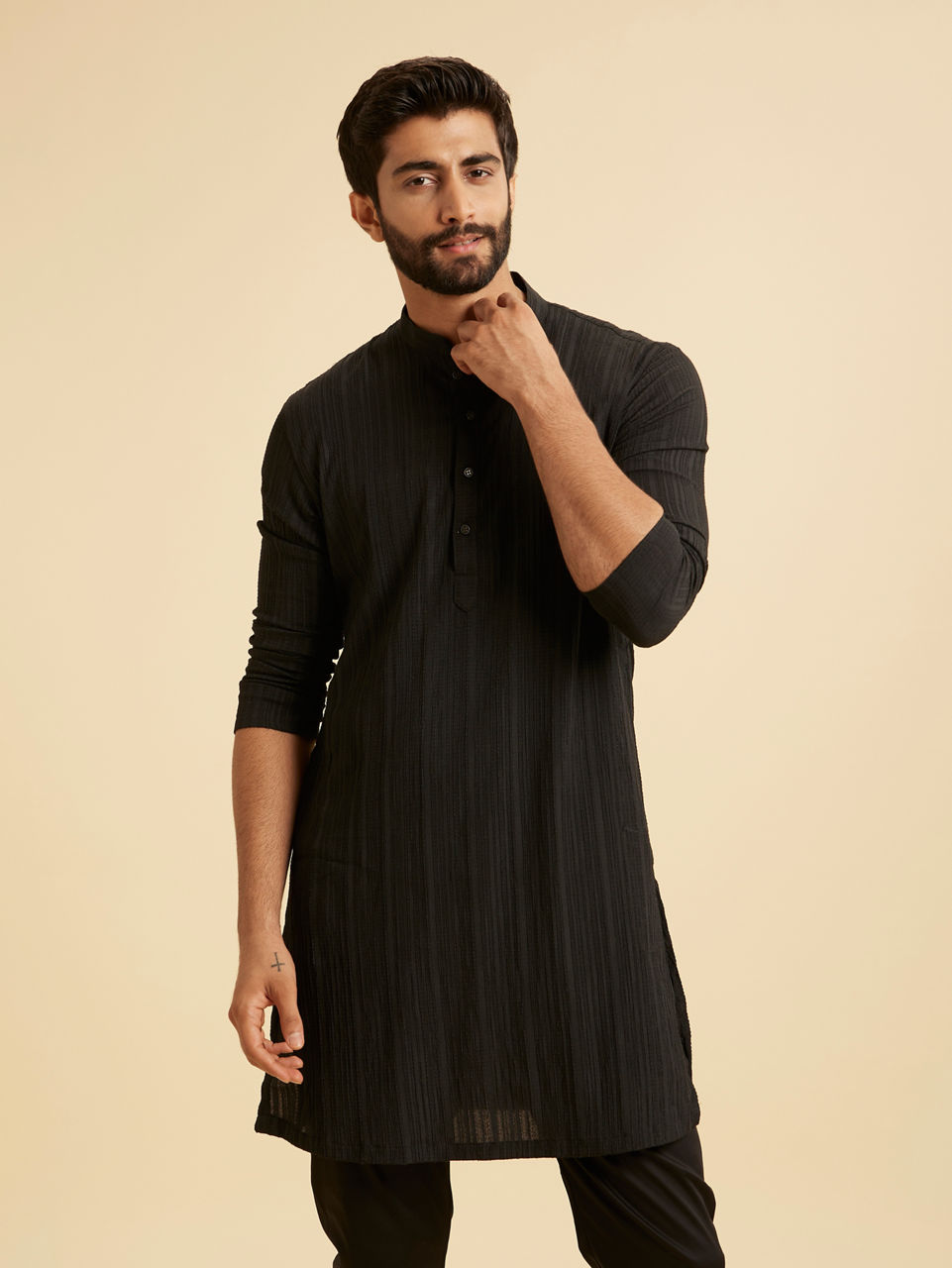 Manyavar Men Black Mid-Length Kurta for Men