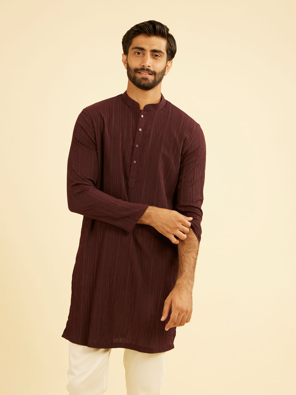 Manyavar Men Wine Mid-Length Spandex Kurta