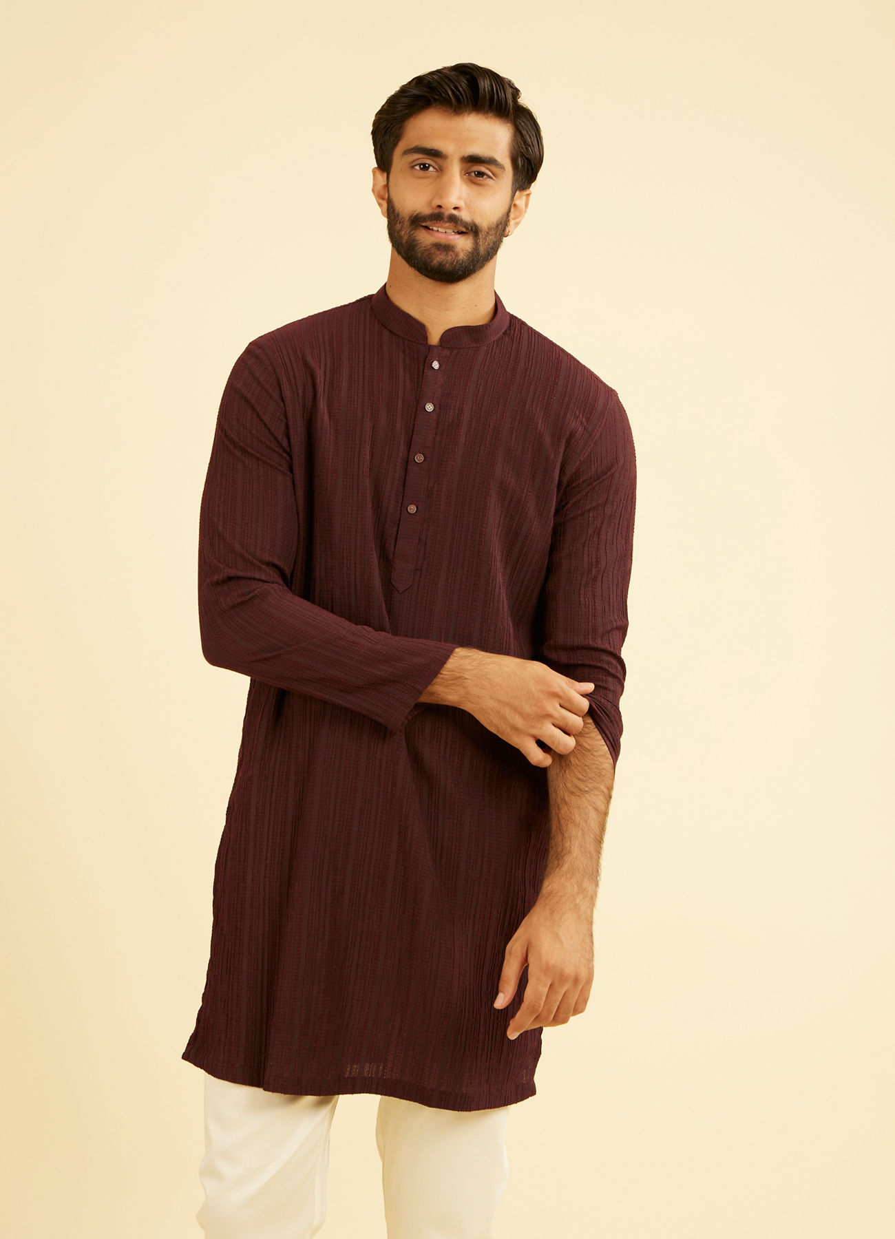 Manyavar Men Wine Mid-Length Spandex Kurta
