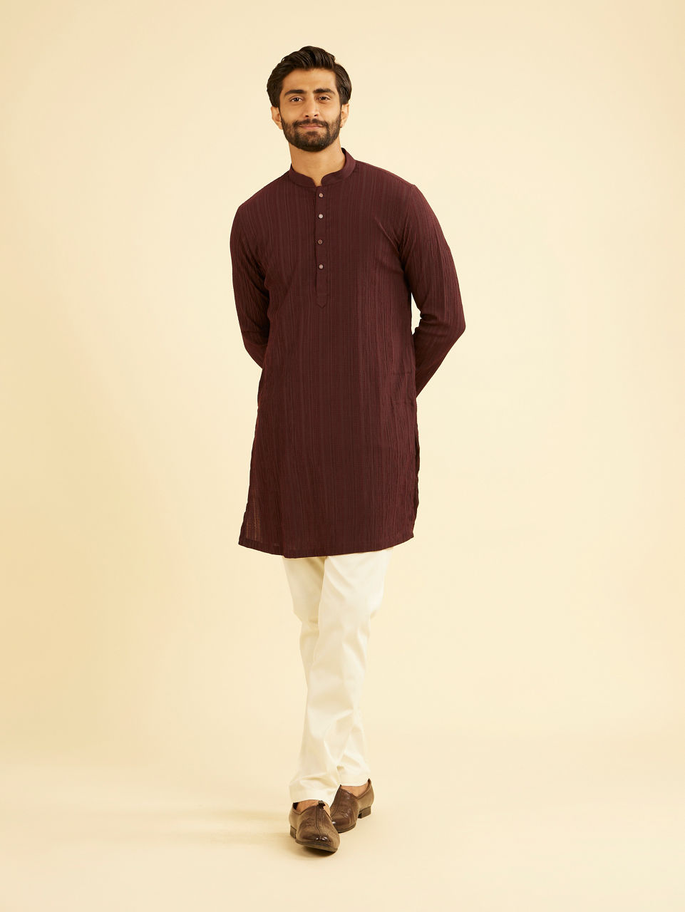 Manyavar Men Wine Mid-Length Spandex Kurta