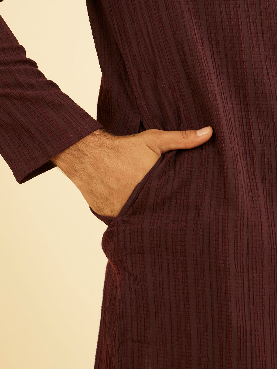 Manyavar Men Wine Mid-Length Spandex Kurta