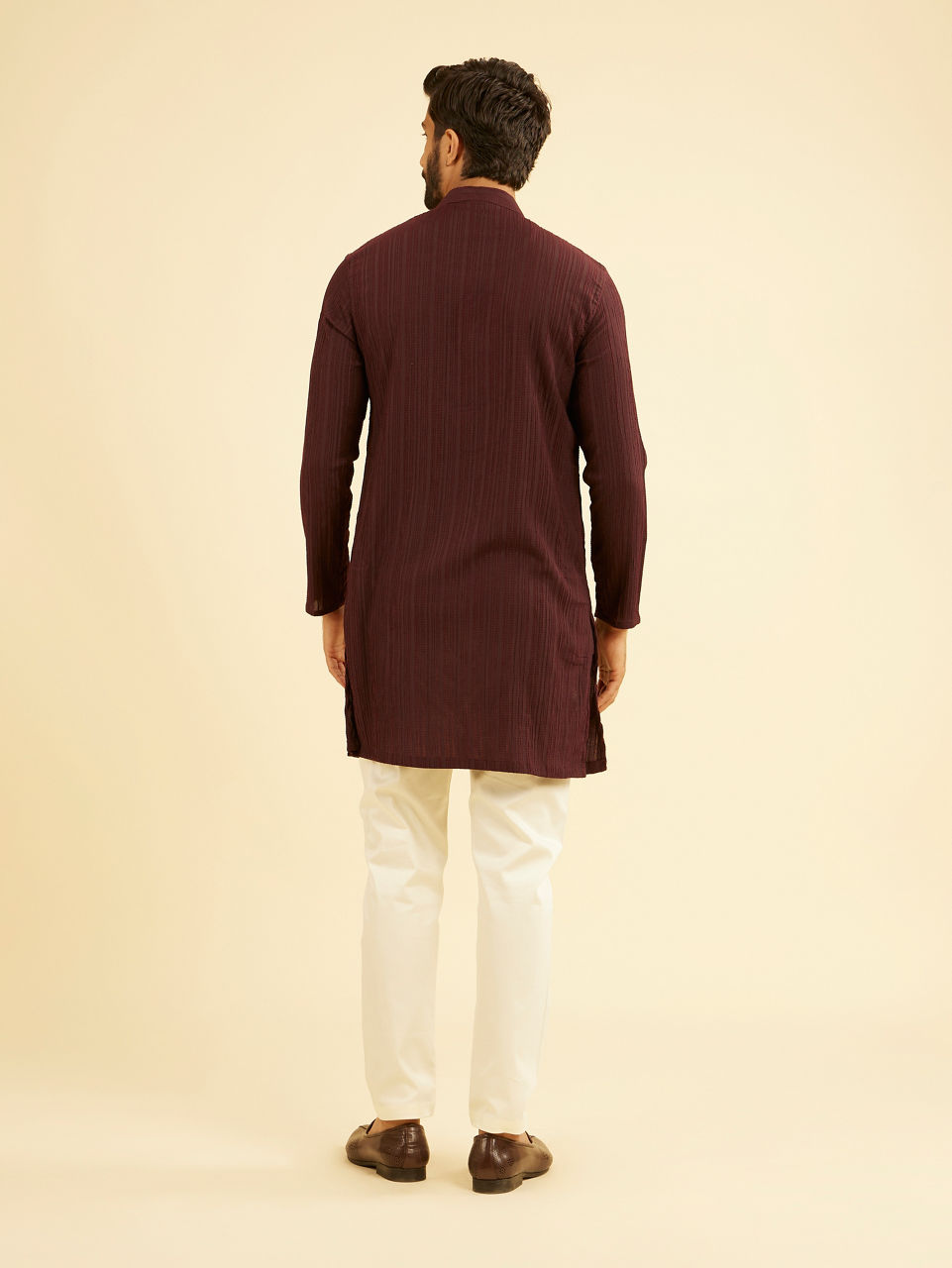 Manyavar Men Wine Mid-Length Spandex Kurta